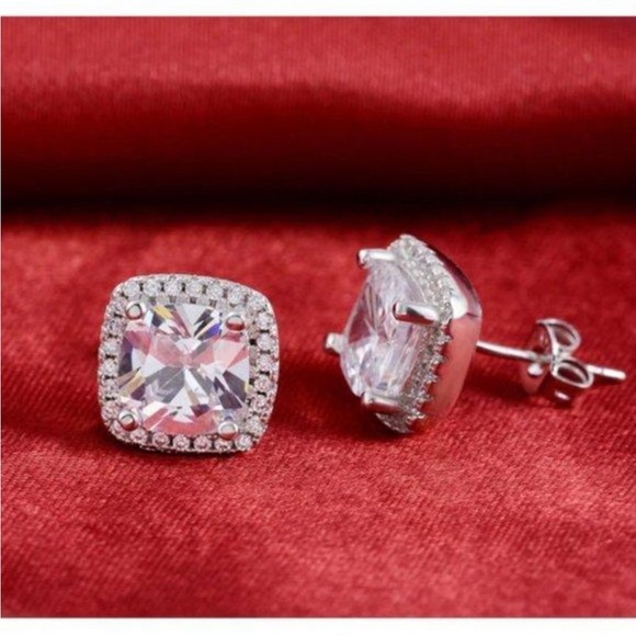 NEW Silver Cushion Diamond Halo Stud Earrings - Picture 4 of 7